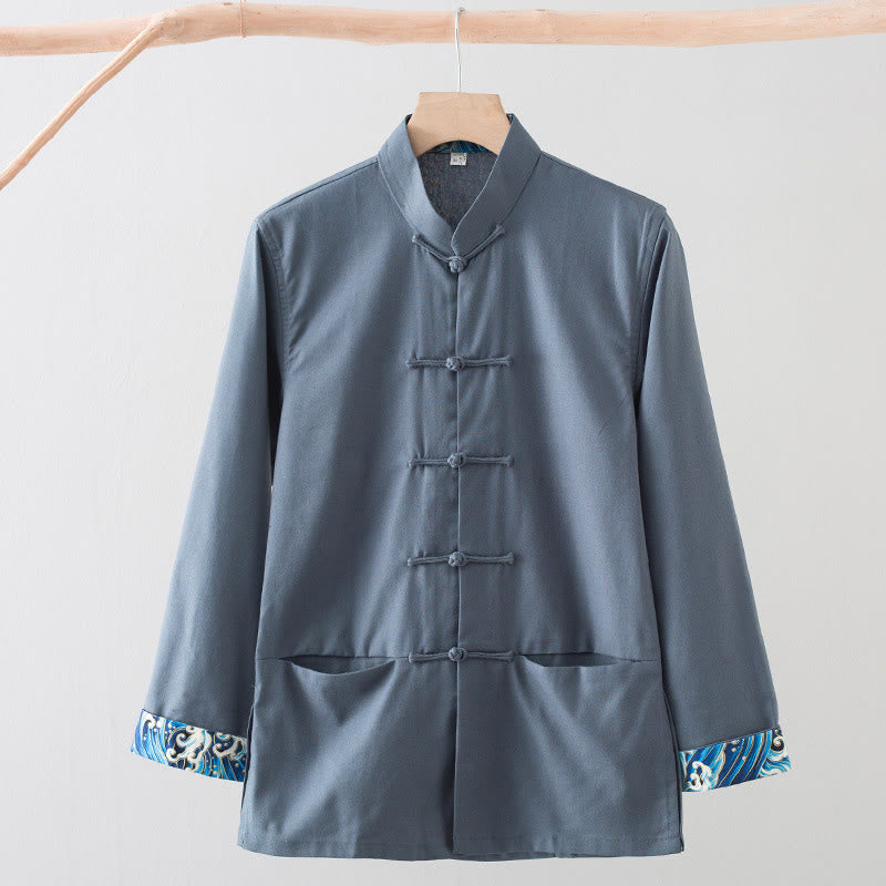 Buddha Stones無地 刺繍 波 長袖 フロッグボタン コットンリネン メンズシャツ - スレートグレー - US/UK/AU44、 EU54 (4XL) - image 13