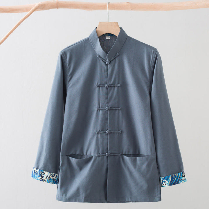 Buddha Stones無地 刺繍 波 長袖 フロッグボタン コットンリネン メンズシャツ - スレートグレー - US/UK/AU44、 EU54 (4XL) - image 13