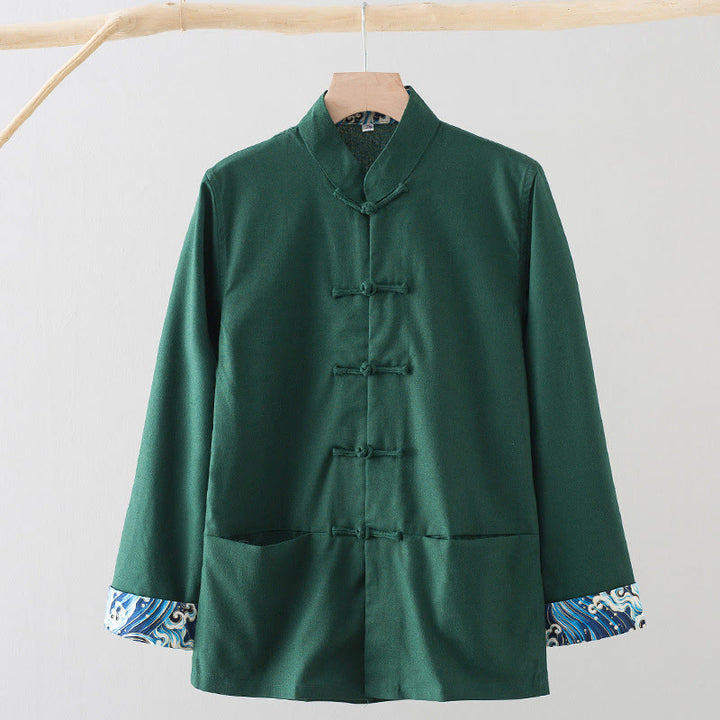 Buddha Stones無地 刺繍 波 長袖 フロッグボタン コットンリネン メンズシャツ - シーグリーン - US/UK/AU44、 EU54 (4XL) - image 9