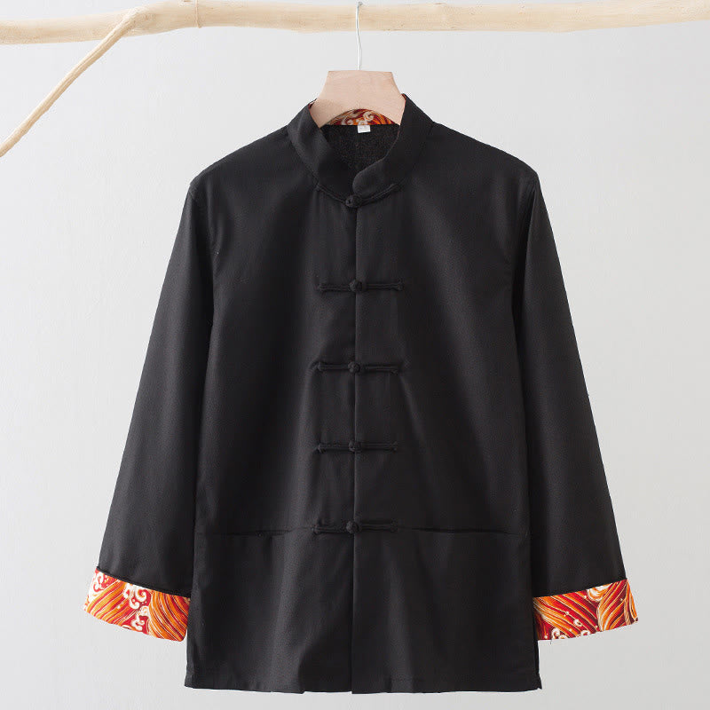Buddha Stones無地 刺繍 波 長袖 フロッグボタン コットンリネン メンズシャツ - 黒 - US/UK/AU44、 EU54 (4XL) - image 10