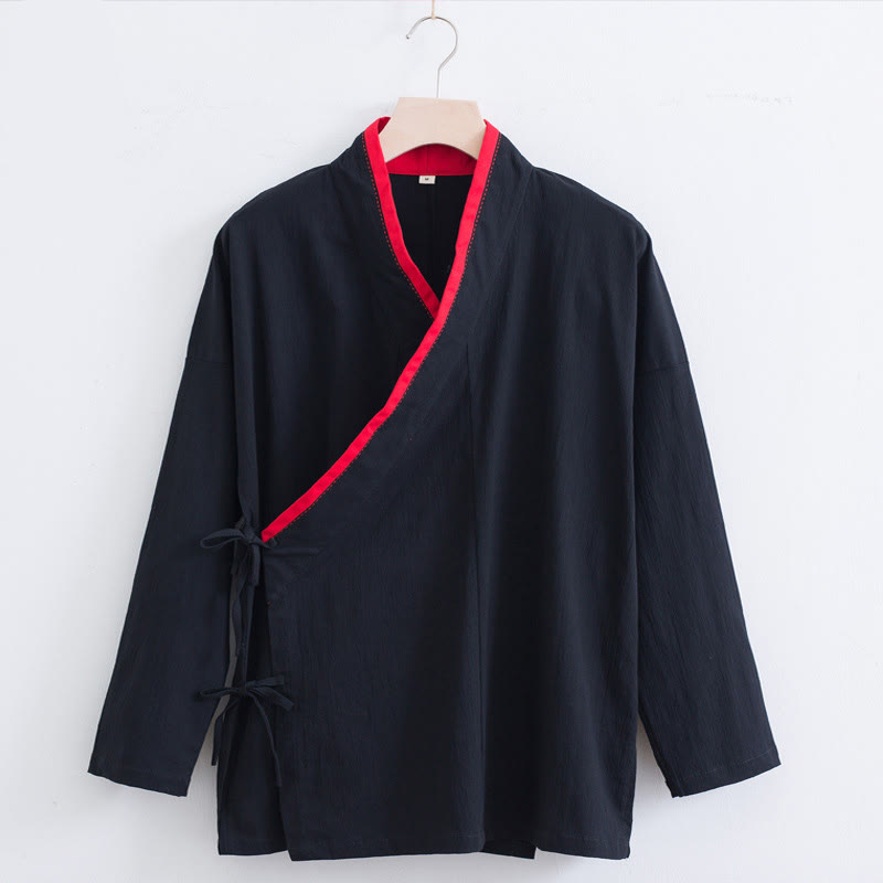 Buddha Stonesヴィンテージ 無地 長袖 レースアップデザイン コットンリネン メンズシャツ - 黒 - US/UK/AU44、 EU54 (4XL) - image 12