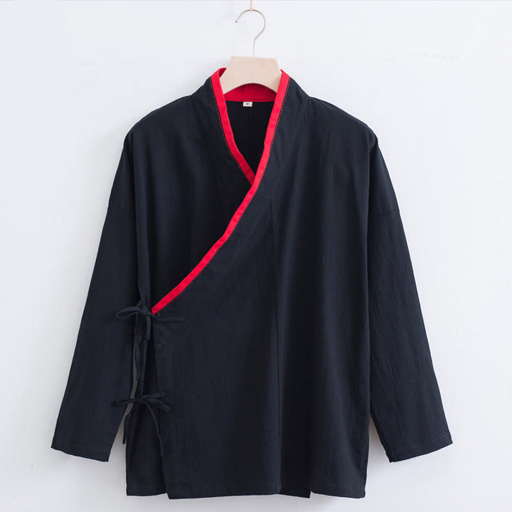 Buddha Stonesヴィンテージ 無地 長袖 レースアップデザイン コットンリネン メンズシャツ - 黒 - US/UK/AU44、 EU54 (4XL) - image 12