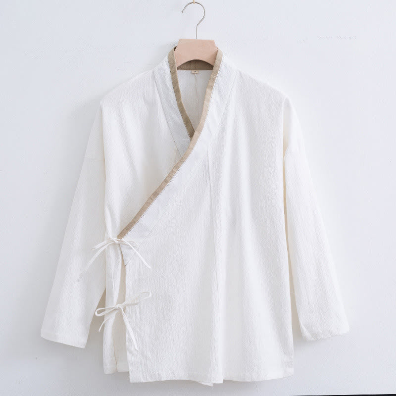 Buddha Stonesヴィンテージ 無地 長袖 レースアップデザイン コットンリネン メンズシャツ - 白 - US/UK/AU44、 EU54 (4XL) - image 0