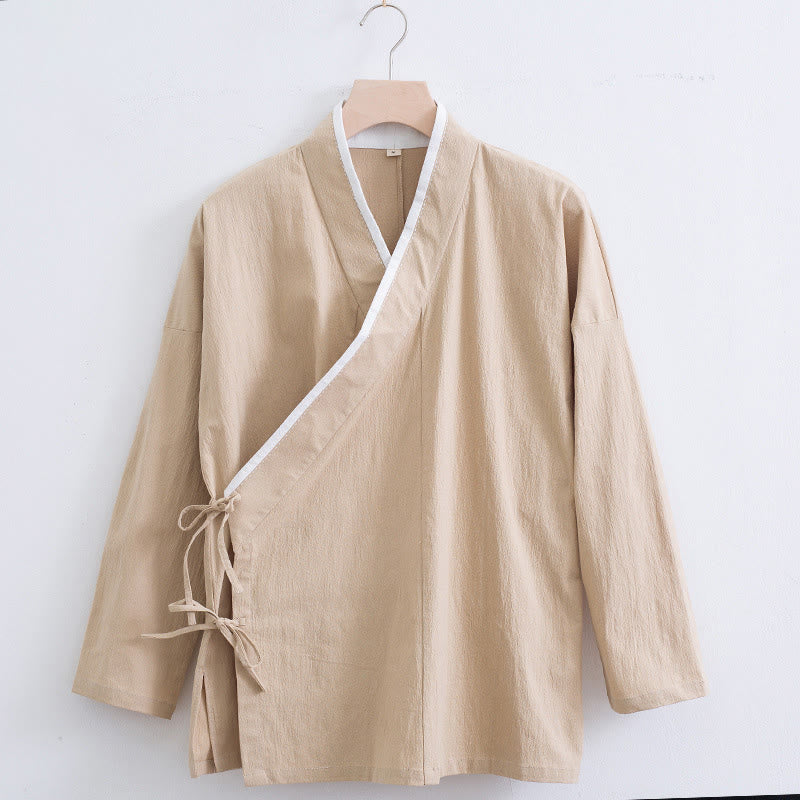 Buddha Stonesヴィンテージ 無地 長袖 レースアップデザイン コットンリネン メンズシャツ - 小麦 - US/UK/AU44、 EU54 (4XL) - image 8