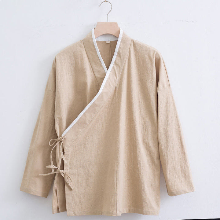 Buddha Stonesヴィンテージ 無地 長袖 レースアップデザイン コットンリネン メンズシャツ - 小麦 - US/UK/AU44、 EU54 (4XL) - image 8