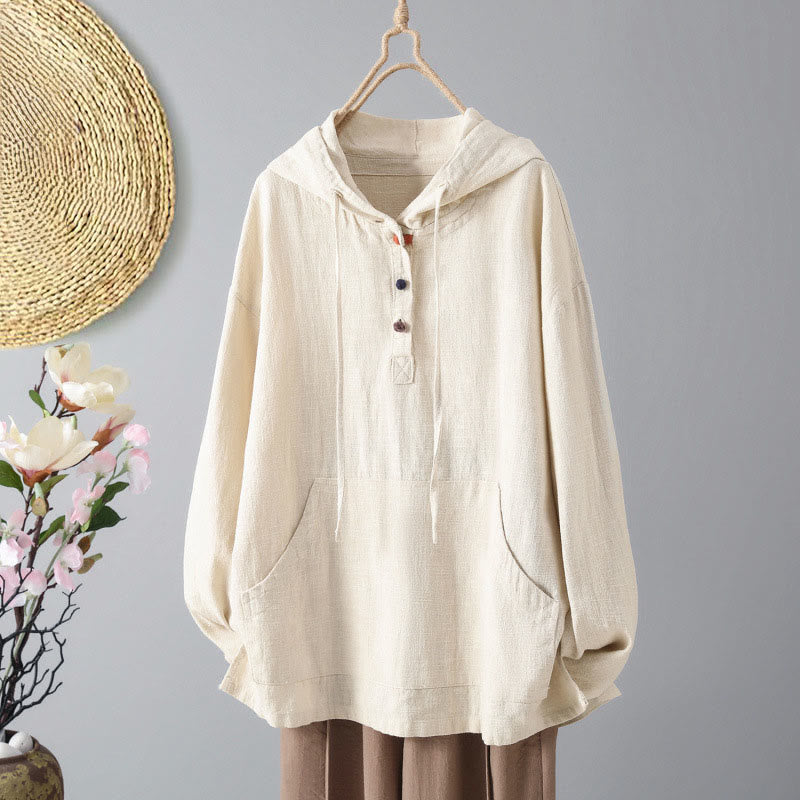 Buddha Stonesレディース 無地ボタンデザイン コットン 長袖 パーカー ポケット付き - ベージュ - US12、 UK/AU16、 EU44 (2XL) - image 0