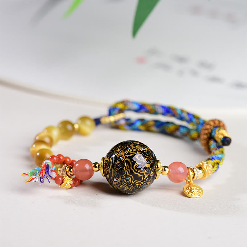 Buddha Stonesチベット漆ビーズ手編みタイガーアイ石守護ブレスレット - 漆ビーズ＆タイガーアイ（手首周り：15～25cm） - image 0