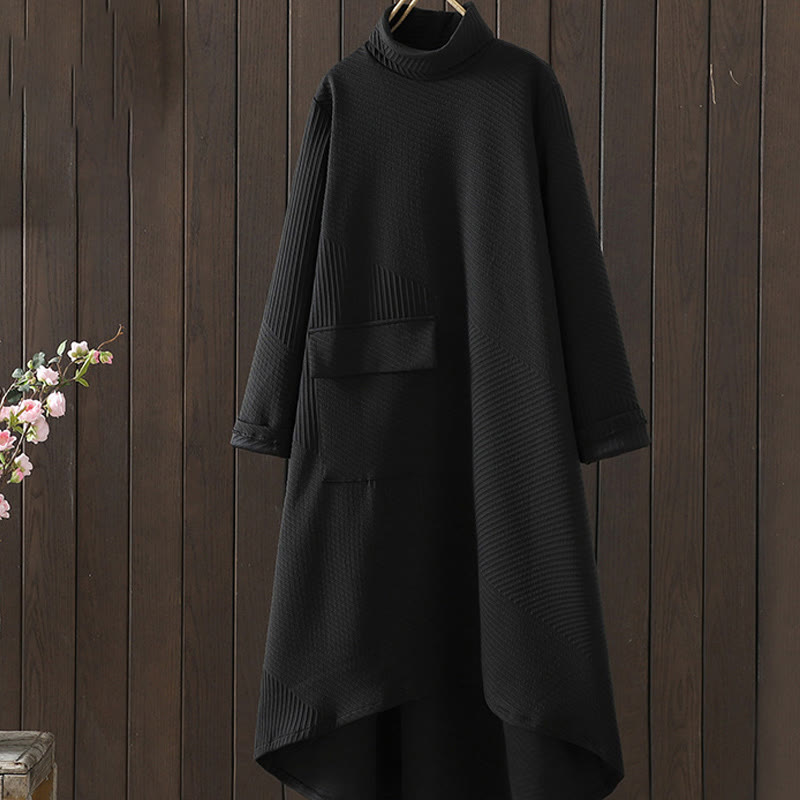 Buddha Stonesピュアカラー イレギュラーデザイン コットン タートルネック ロングスリーブ ミディドレス ポケット付き - 黒 - US8-10，UK/AU12-14，EU40-42 (2XL) - image 0