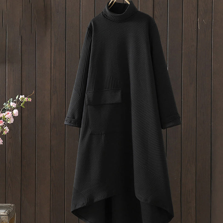 Buddha Stonesピュアカラー イレギュラーデザイン コットン タートルネック ロングスリーブ ミディドレス ポケット付き - 黒 - US8-10，UK/AU12-14，EU40-42 (2XL) - image 0