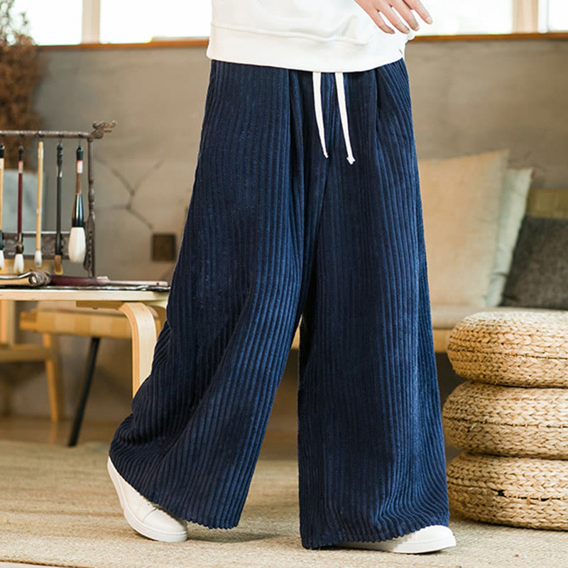 Buddha Stones通勤用プレーンドローストリングメンズワイドレッグコットンコーデュロイパンツ（ポケット付き） - image 15