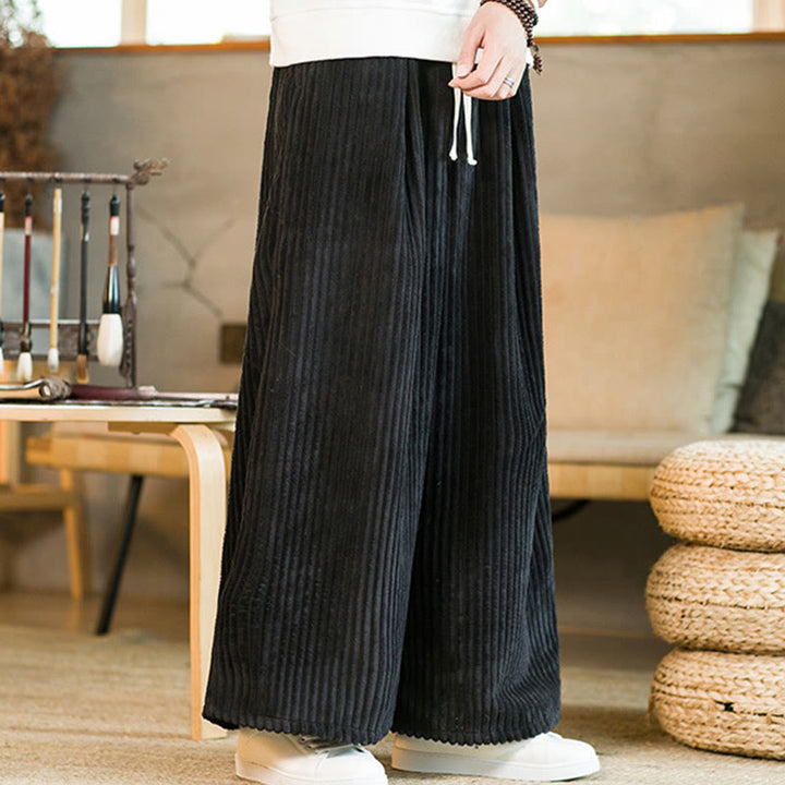 Buddha Stones通勤用プレーンドローストリングメンズワイドレッグコットンコーデュロイパンツ（ポケット付き） - image 3