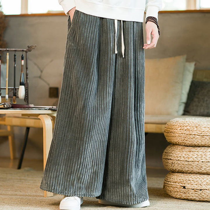 Buddha Stones通勤用プレーンドローストリングメンズワイドレッグコットンコーデュロイパンツ（ポケット付き） - image 22