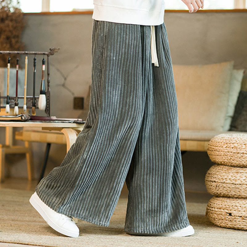 Buddha Stones通勤用プレーンドローストリングメンズワイドレッグコットンコーデュロイパンツ（ポケット付き） - image 21