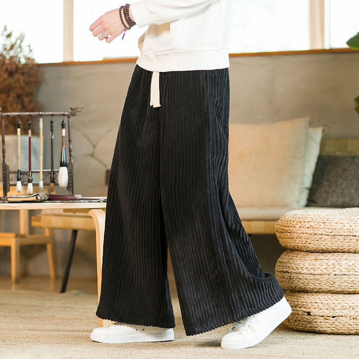 Buddha Stones通勤用プレーンドローストリングメンズワイドレッグコットンコーデュロイパンツ（ポケット付き） - image 4