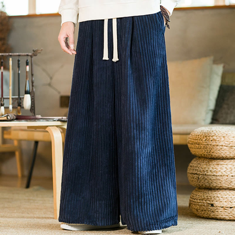 Buddha Stones通勤用プレーンドローストリングメンズワイドレッグコットンコーデュロイパンツ（ポケット付き） - image 17