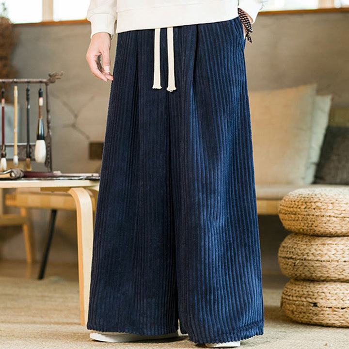 Buddha Stones通勤用プレーンドローストリングメンズワイドレッグコットンコーデュロイパンツ（ポケット付き） - image 17
