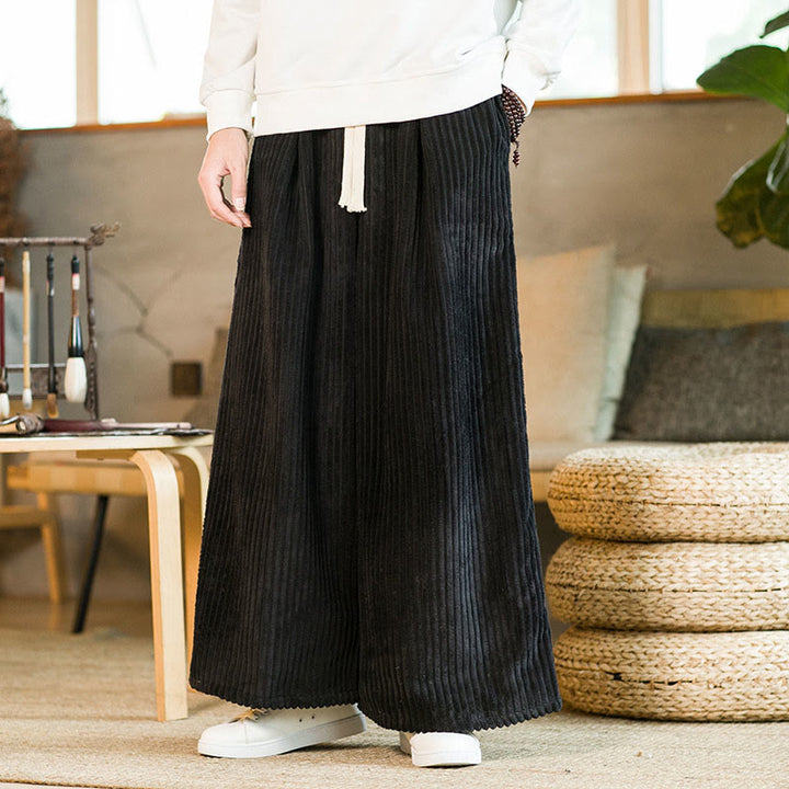 Buddha Stones通勤用プレーンドローストリングメンズワイドレッグコットンコーデュロイパンツ（ポケット付き） - image 5