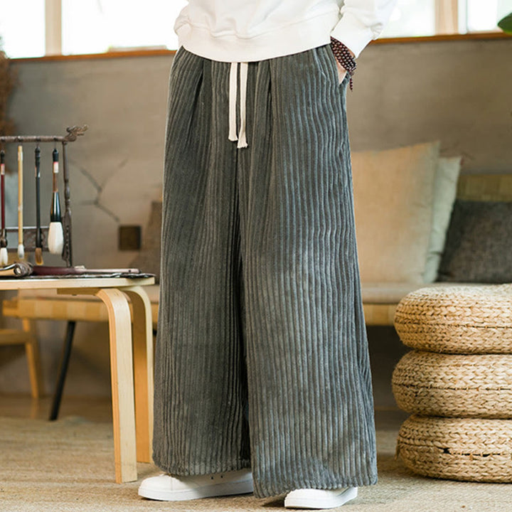 Buddha Stones通勤用プレーンドローストリングメンズワイドレッグコットンコーデュロイパンツ（ポケット付き） - image 19