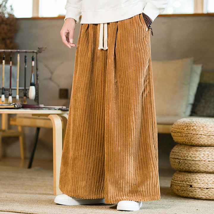 Buddha Stones通勤用プレーンドローストリングメンズワイドレッグコットンコーデュロイパンツ（ポケット付き） - image 7