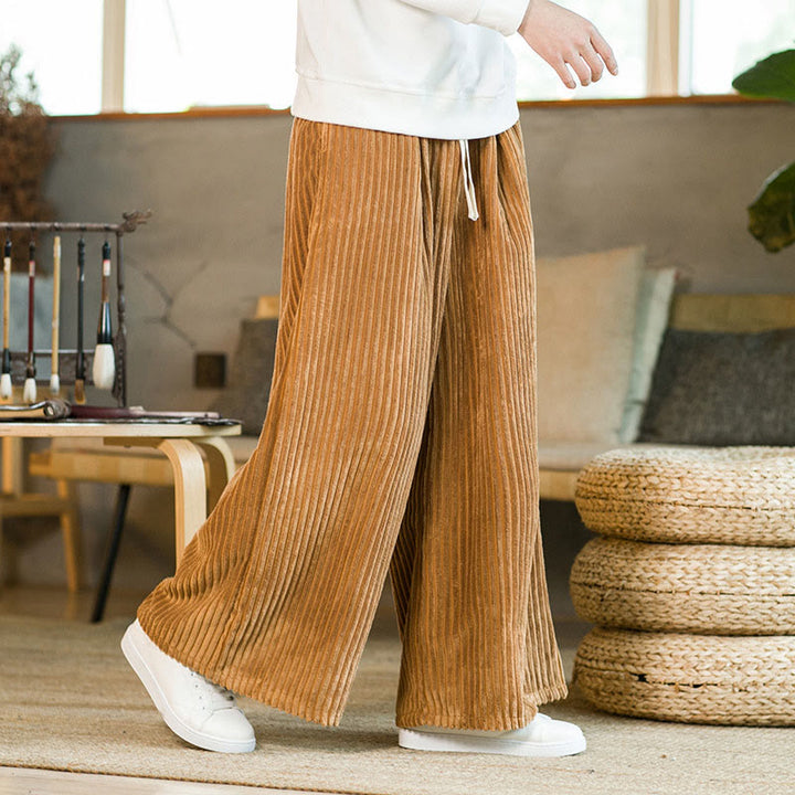 Buddha Stones通勤用プレーンドローストリングメンズワイドレッグコットンコーデュロイパンツ（ポケット付き） - image 11