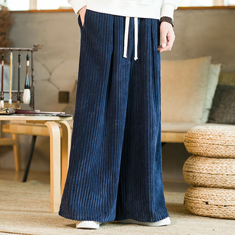 Buddha Stones通勤用プレーンドローストリングメンズワイドレッグコットンコーデュロイパンツ（ポケット付き） - image 16