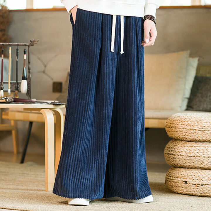 Buddha Stones通勤用プレーンドローストリングメンズワイドレッグコットンコーデュロイパンツ（ポケット付き） - image 16