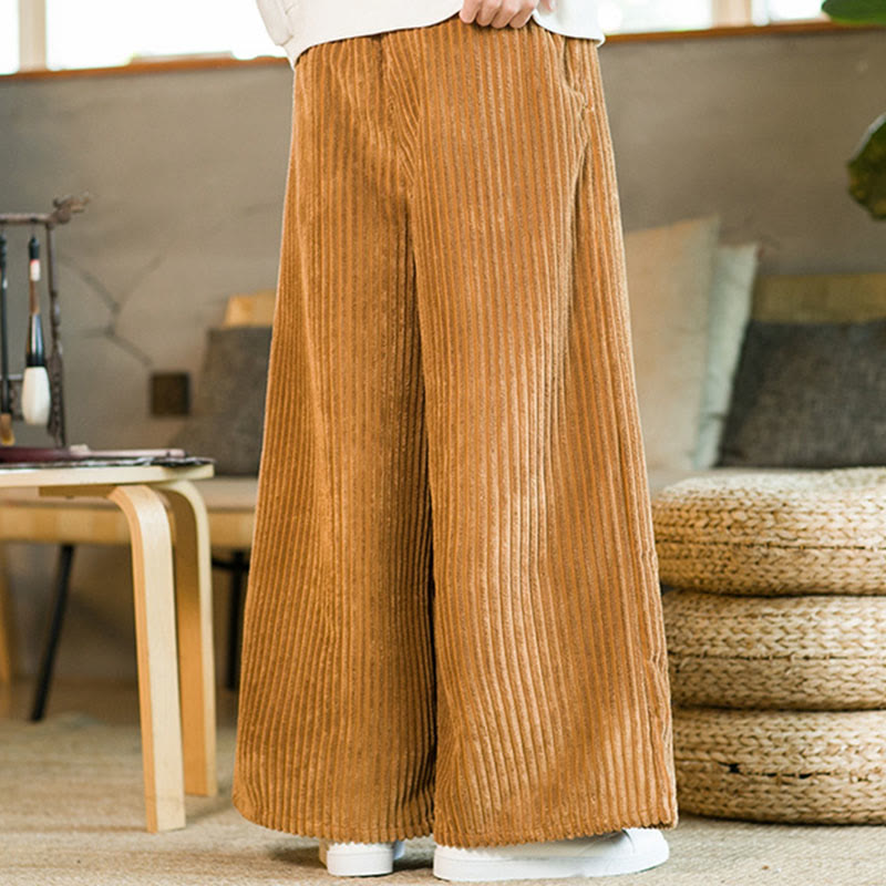 Buddha Stones通勤用プレーンドローストリングメンズワイドレッグコットンコーデュロイパンツ（ポケット付き） - image 8