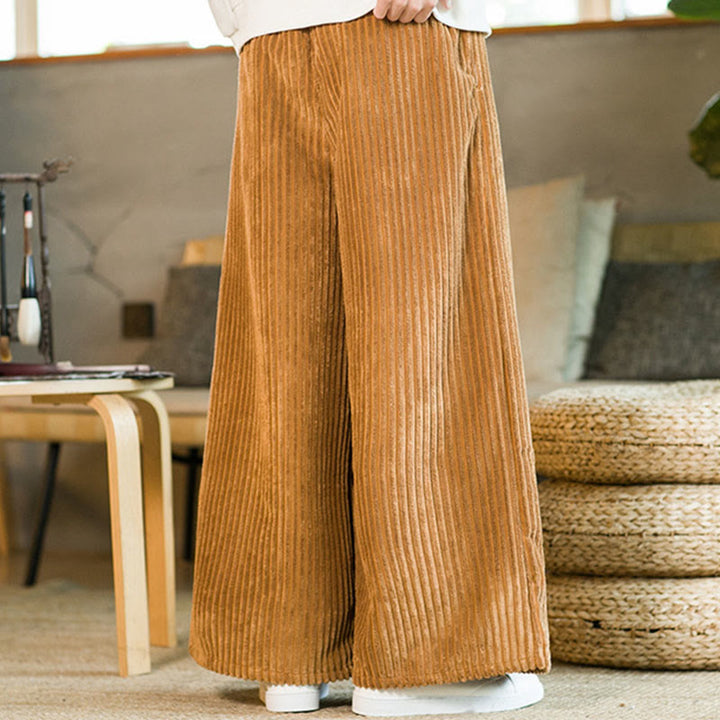 Buddha Stones通勤用プレーンドローストリングメンズワイドレッグコットンコーデュロイパンツ（ポケット付き） - image 8