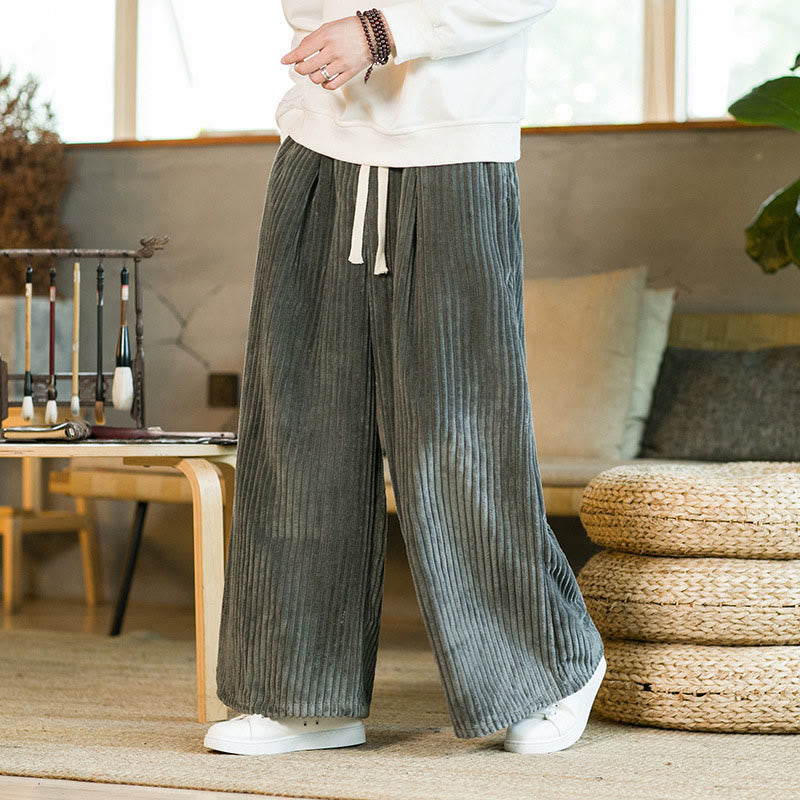 Buddha Stones通勤用プレーンドローストリングメンズワイドレッグコットンコーデュロイパンツ（ポケット付き） - image 20
