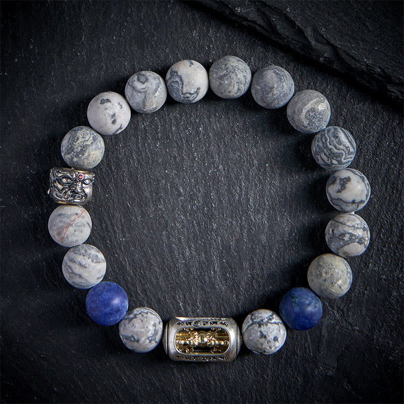Buddha Stones天然グレージャスパー ソーダライトオーム・マニ・パドメ・フム仏陀顔ヒーリングブレスレット - 20cm - image 0