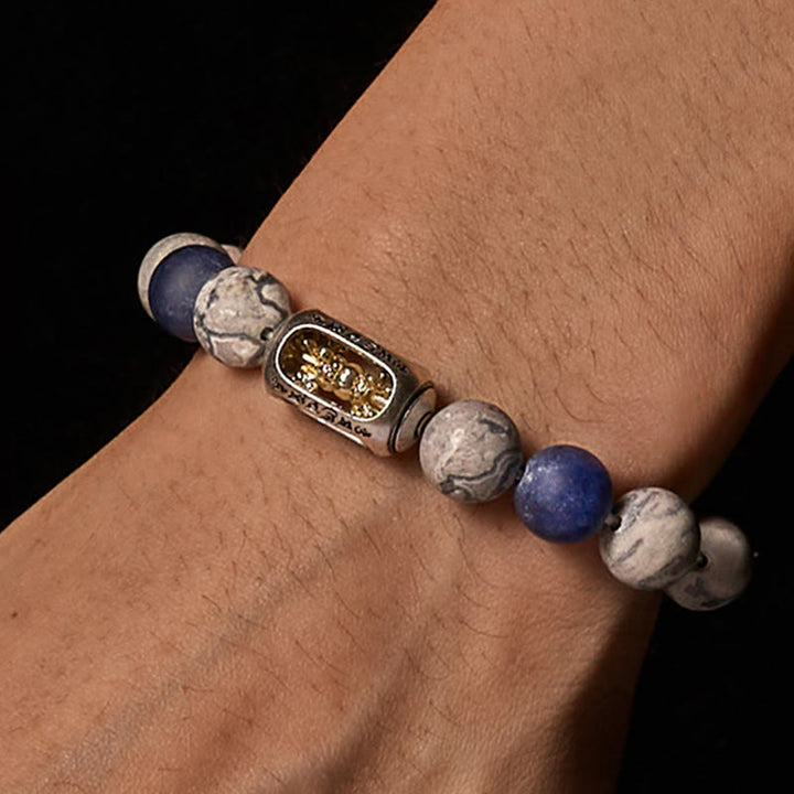 Buddha Stones天然グレージャスパー ソーダライトオーム・マニ・パドメ・フム仏陀顔ヒーリングブレスレット - image 2