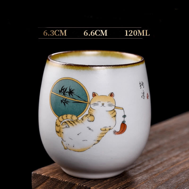 Buddha Stonesかわいい猫の枝付きティーカップ カンフーティーカップ ギフトボックス付き - 寝そべる猫と扇風機 6.3cm×6.6cm×120ml - image 14