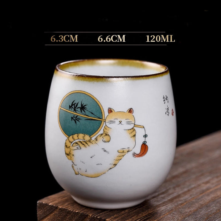 Buddha Stonesかわいい猫の枝付きティーカップ カンフーティーカップ ギフトボックス付き - 寝そべる猫と扇風機 6.3cm×6.6cm×120ml - image 14
