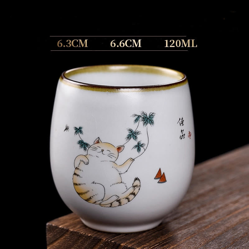 Buddha Stonesかわいい猫の枝付きティーカップ カンフーティーカップ ギフトボックス付き - 横たわる猫と葉っぱ 6.3cm×6.6cm×120ml - image 13