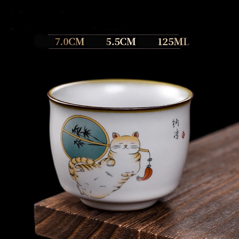 Buddha Stonesかわいい猫の枝付きティーカップ カンフーティーカップ ギフトボックス付き - 寝そべる猫と扇風機 7cm×5.5cm×125ml - image 19