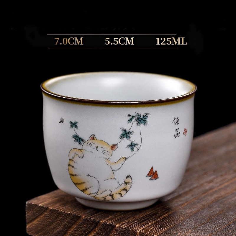 Buddha Stonesかわいい猫の枝付きティーカップ カンフーティーカップ ギフトボックス付き - 横たわる猫と葉っぱ 7cm×5.5cm×125ml - image 18