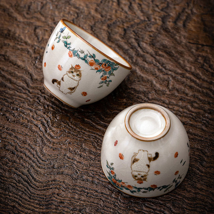 Buddha Stonesかわいい猫の蝶ティーカップカンフーティーカップ - 猫 2.36インチ×1.88インチ×2.37オンス(6cm×4.8cm×70ml) - image 0