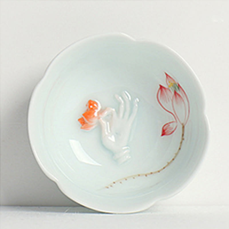 Buddha Stones鯉手茶碗カンフー茶碗 - 赤い蓮と手 8.8cm×3cm×3.5cm - image 4