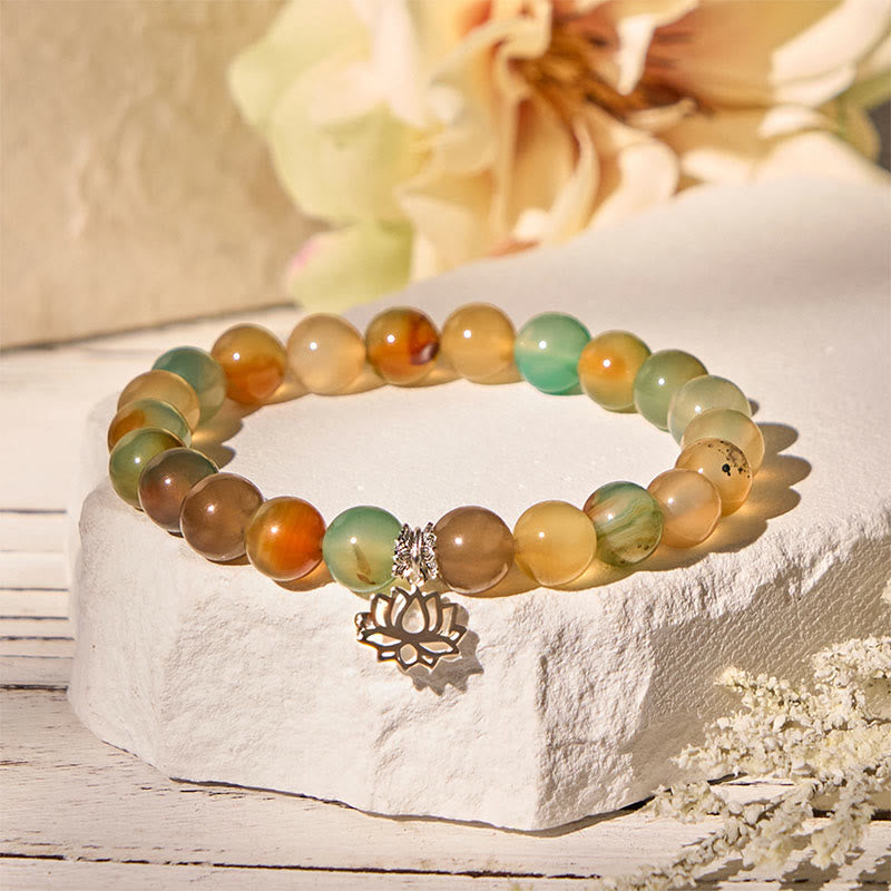 Buddha Stones925スターリングシルバー 蓮のシンボル 孔雀瑪瑙 勇気ビーズブレスレット - ピーコックアゲート（手首周り15～16cm） - image 0
