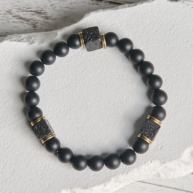 Buddha Stones天然フロストブラックオニキス スクエア溶岩石幸運繁栄のブレスレット - image 2