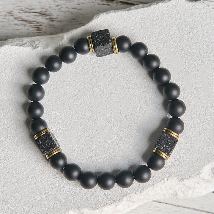 Buddha Stones天然フロストブラックオニキス スクエア溶岩石幸運繁栄のブレスレット - image 2