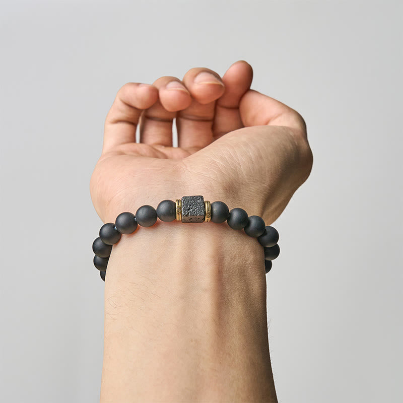 Buddha Stones天然フロストブラックオニキス スクエア溶岩石幸運繁栄のブレスレット - image 4