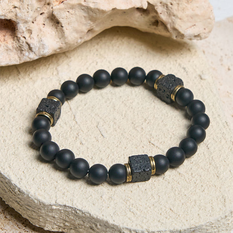 Buddha Stones天然フロストブラックオニキス スクエア溶岩石幸運繁栄のブレスレット - image 1