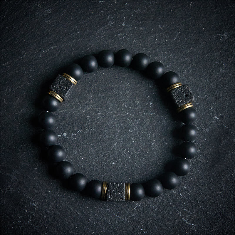 Buddha Stones天然フロストブラックオニキス スクエア溶岩石幸運繁栄のブレスレット - 20cm - image 0