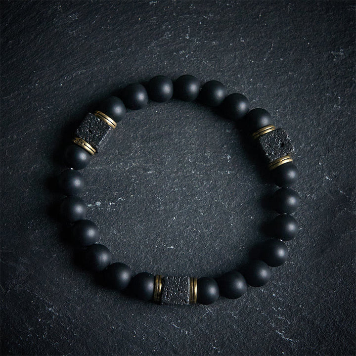 Buddha Stones天然フロストブラックオニキス スクエア溶岩石幸運繁栄のブレスレット - 20cm - image 0