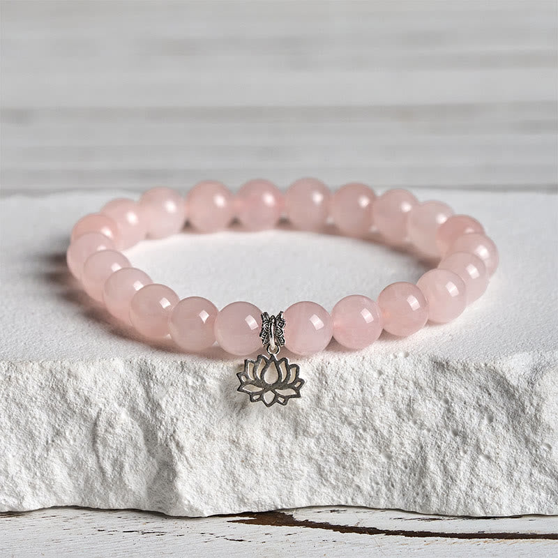 Buddha Stones925スターリングシルバー ロータスデザイン ナチュラルピンククリスタル スージングブレスレット - 20cm - 8mm - image 0