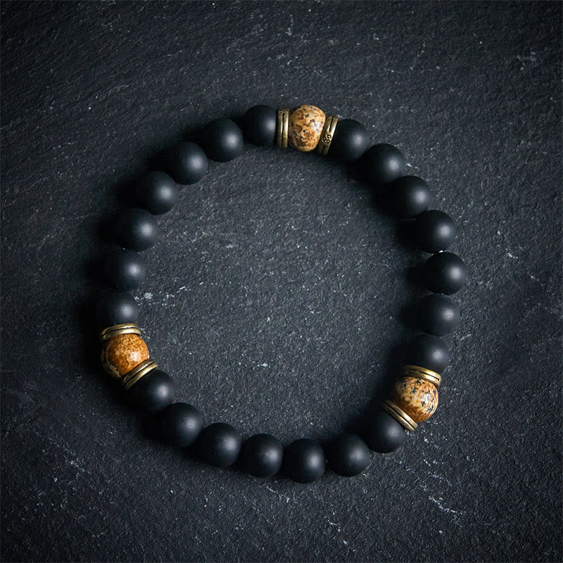 Buddha Stones天然フロストブラックオニキスピクチャージャスパー幸運繁栄ブレスレット - 20cm - image 0