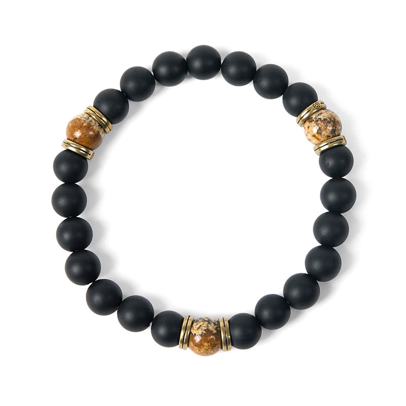 Buddha Stones天然フロストブラックオニキスピクチャージャスパー幸運繁栄ブレスレット - image 5