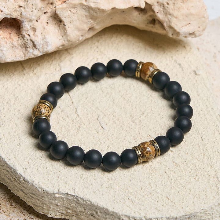 Buddha Stones天然フロストブラックオニキスピクチャージャスパー幸運繁栄ブレスレット - image 2