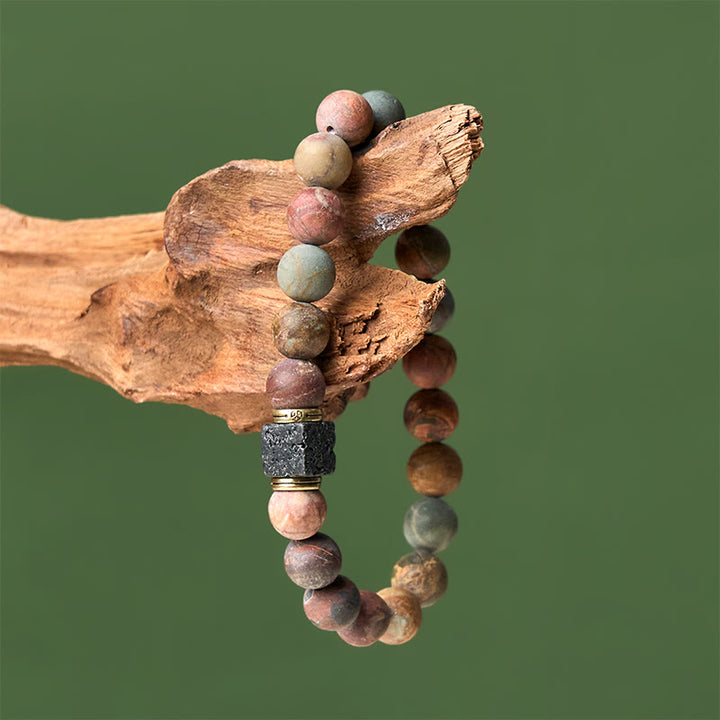 Buddha Stones天然ピカソジャスパー スクエア溶岩石 勇気ブレスレット - image 3
